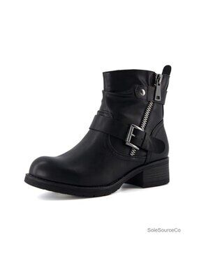 Faux Leather Ankle Boots for Women, Memory Foam, Zipper & Buckle, Motorcycle